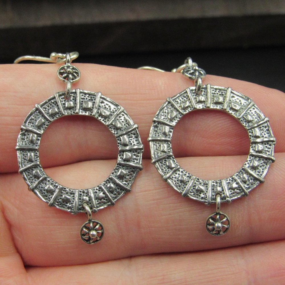 Sterling Silver Unique Pattern Circle Earrings - image 1